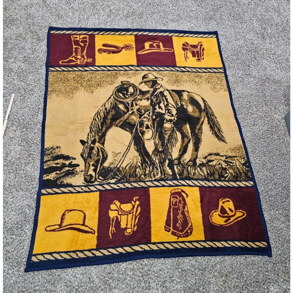 San Marcos Hi Pile Blanket Cowboy Horse Western Cabin Decor Rare 60